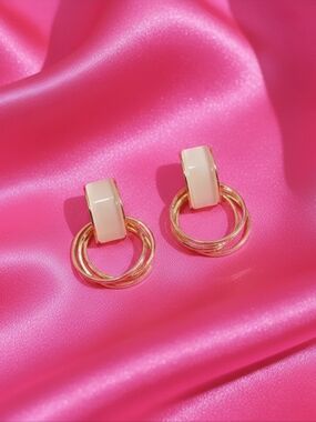 Gold Loop Drop Earrings with Opalescent Inlay - 925 Silver Needle